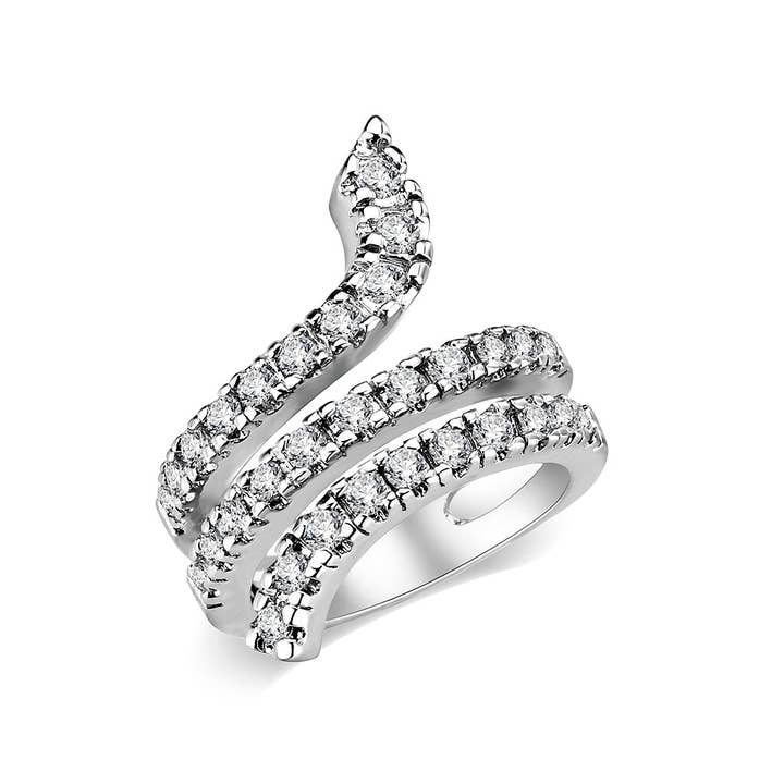 Diamond snake coil ring encrusted with CZ stones in silver-tone metal