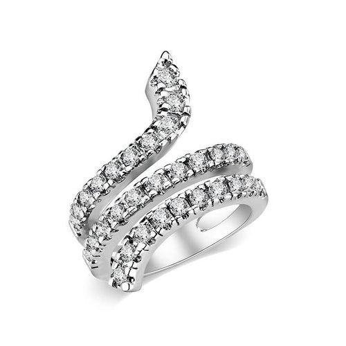 Diamond snake coil ring encrusted with CZ stones in silver-tone metal