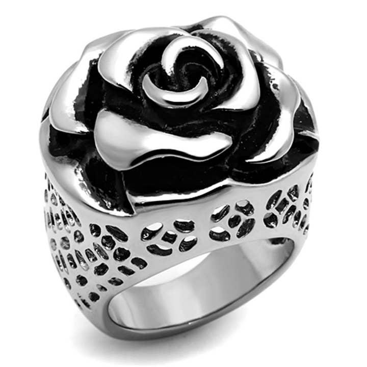 Rose Bloom Statement Ring in stainless steel with black oxidized rose design